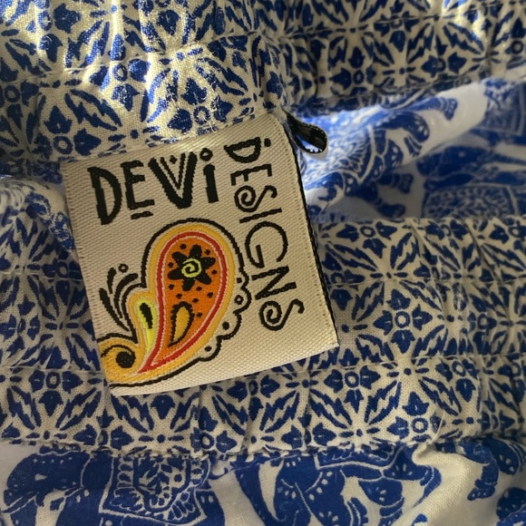 Blue & White Tassel Elephant Block Print Elastic Waist Pull on Pants Trousers - Picture 6 of 8